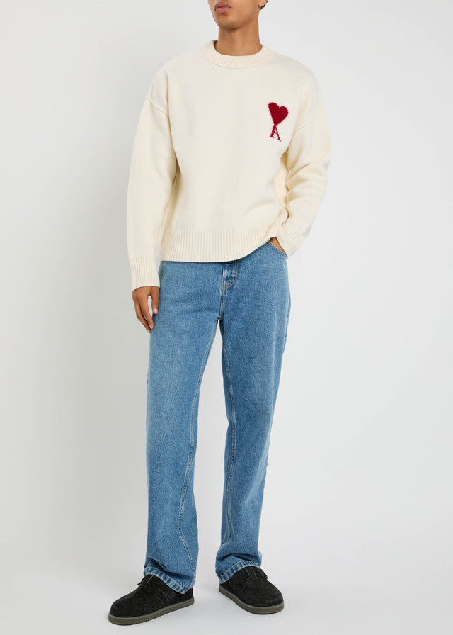 Beyaz Logo Jakarlı Yün Kazak