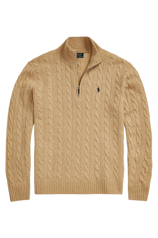 Yarım Fermuarlı Dik Yaka Saç Örgü Kaşmir Yün Triko Kazak