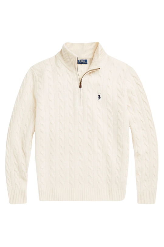 Yarım Fermuarlı Dik Yaka Saç Örgü Kaşmir Yün Triko Kazak