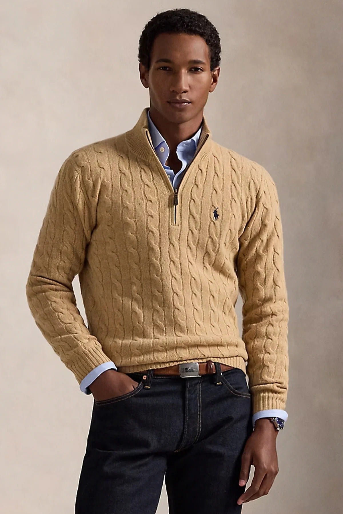 Yarım Fermuarlı Dik Yaka Saç Örgü Kaşmir Yün Triko Kazak