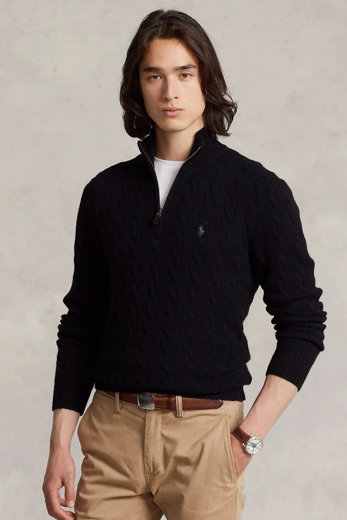 Yarım Fermuarlı Dik Yaka Saç Örgü Kaşmir Yün Triko Kazak