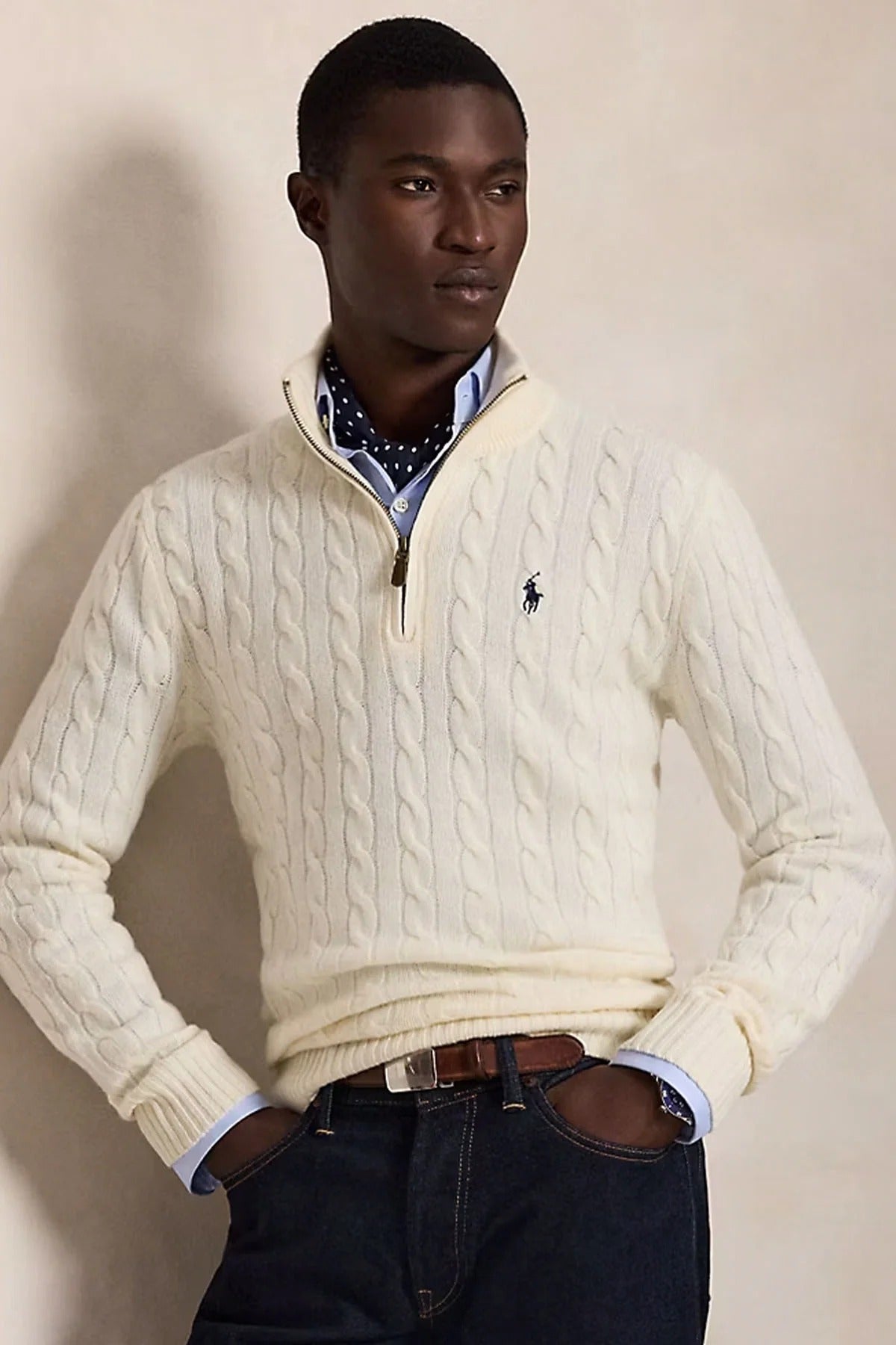 Yarım Fermuarlı Dik Yaka Saç Örgü Kaşmir Yün Triko Kazak