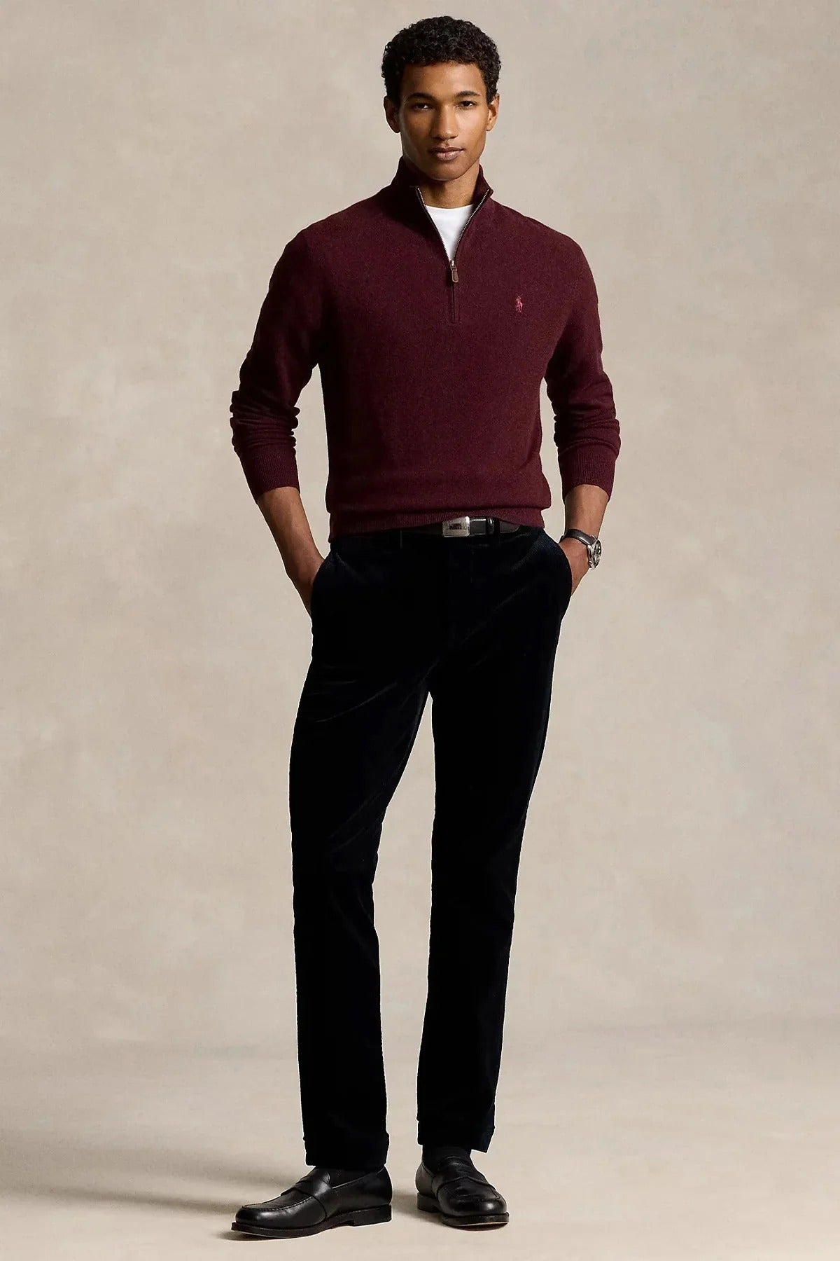 Dik Yaka Yarım Fermuarlı Örgü Yün Triko Kazak