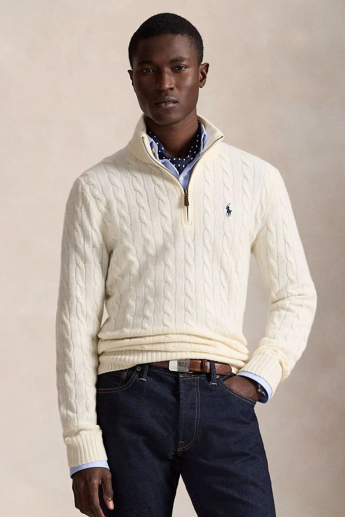 Yarım Fermuarlı Dik Yaka Saç Örgü Kaşmir Yün Triko Kazak