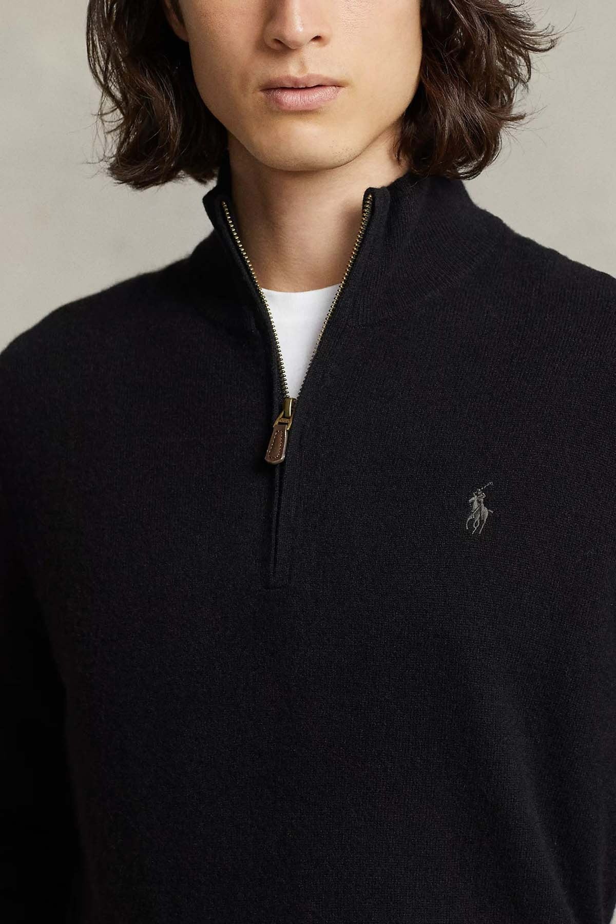 Dik Yaka Yarım Fermuarlı Örgü Yün Triko Kazak