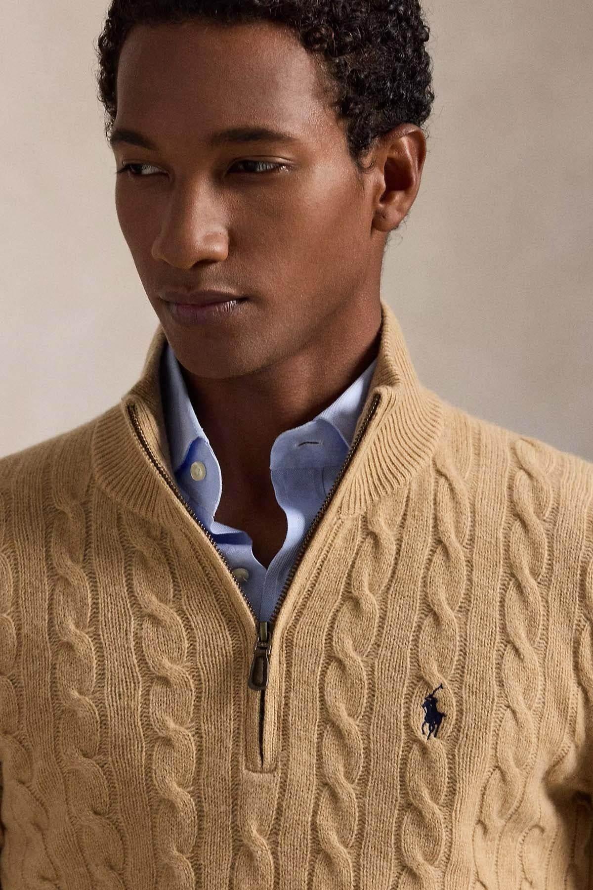 Yarım Fermuarlı Dik Yaka Saç Örgü Kaşmir Yün Triko Kazak