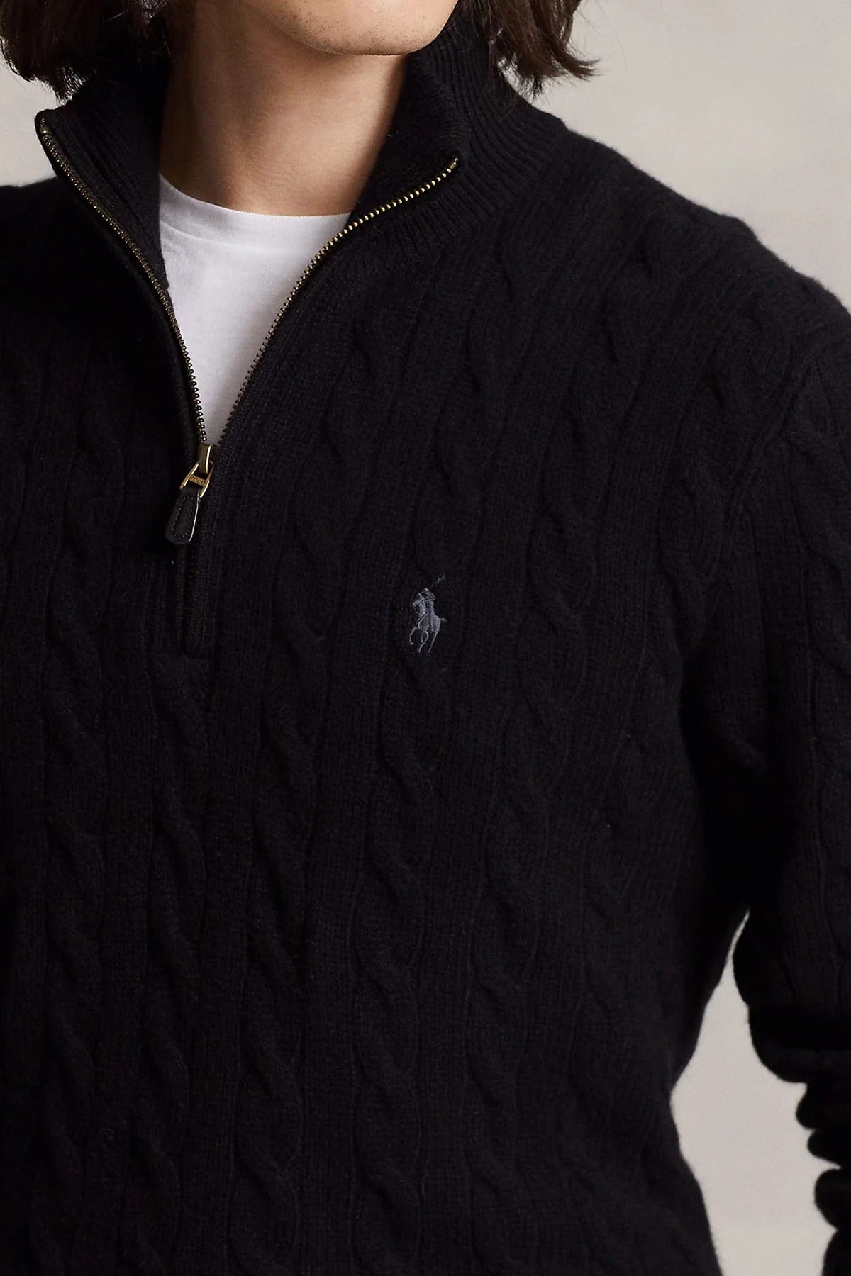 Yarım Fermuarlı Dik Yaka Saç Örgü Kaşmir Yün Triko Kazak