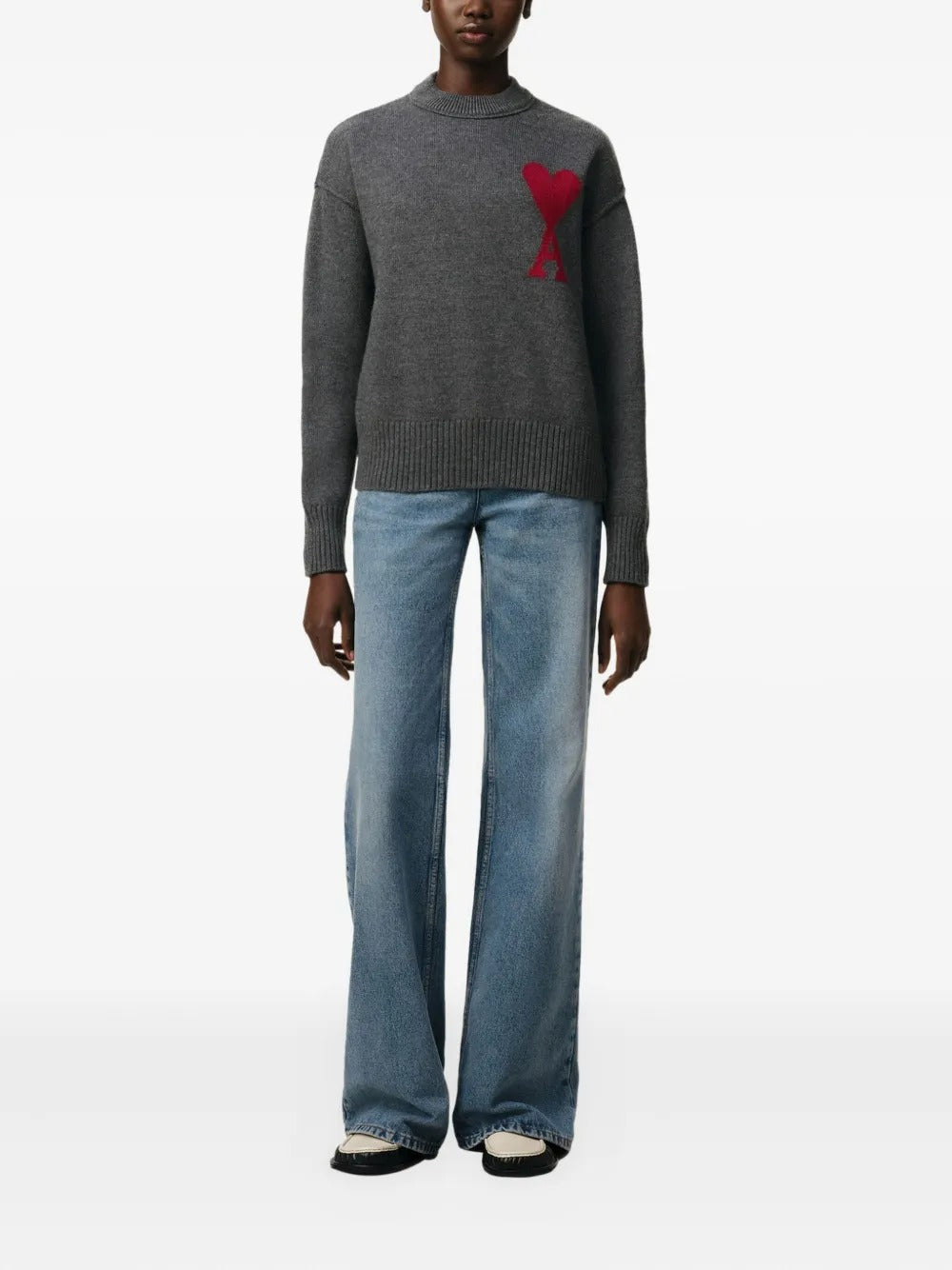 Antrasit Yuvarlak Yaka Yün Kazak (Kırmızı Detaylı)