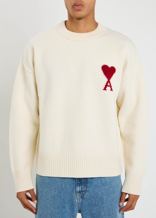 Beyaz Logo Jakarlı Yün Kazak