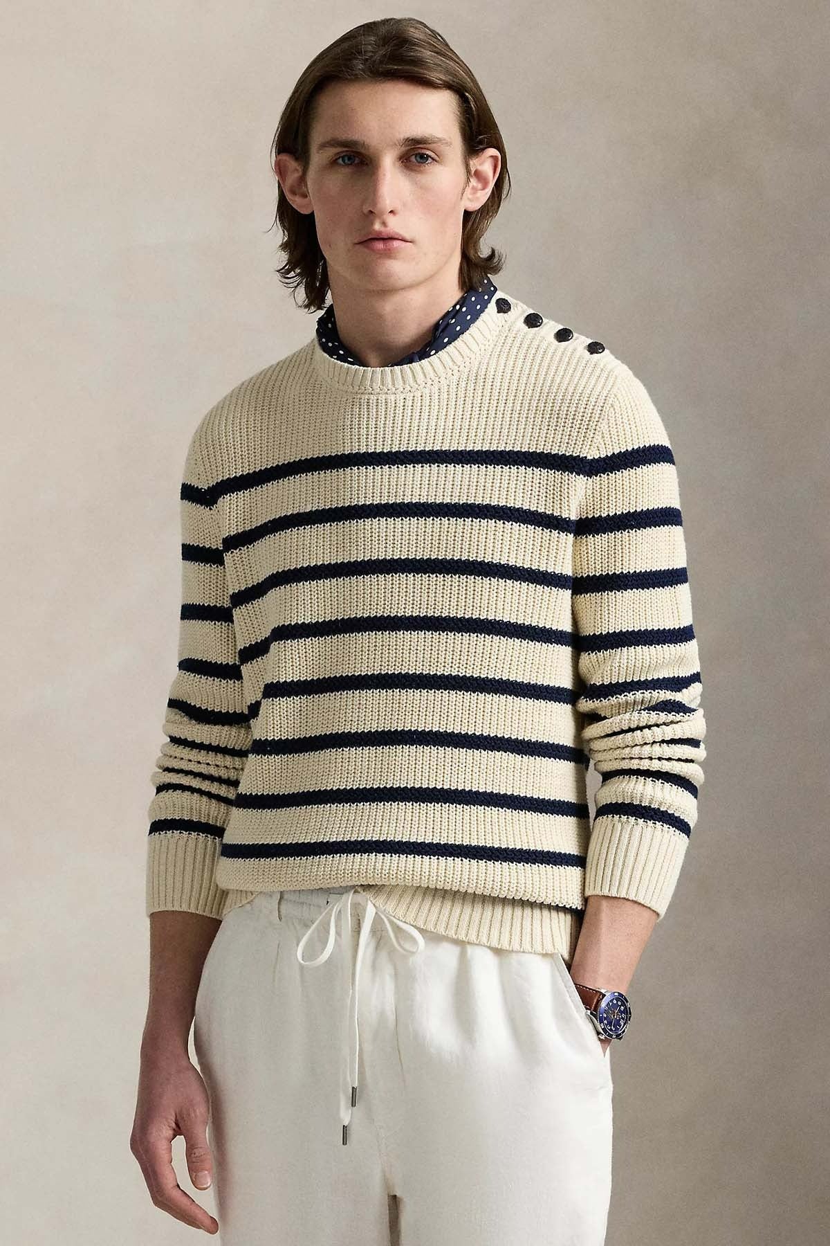 Relaxed Fit Çizgili Örgü Keten Triko Kazak