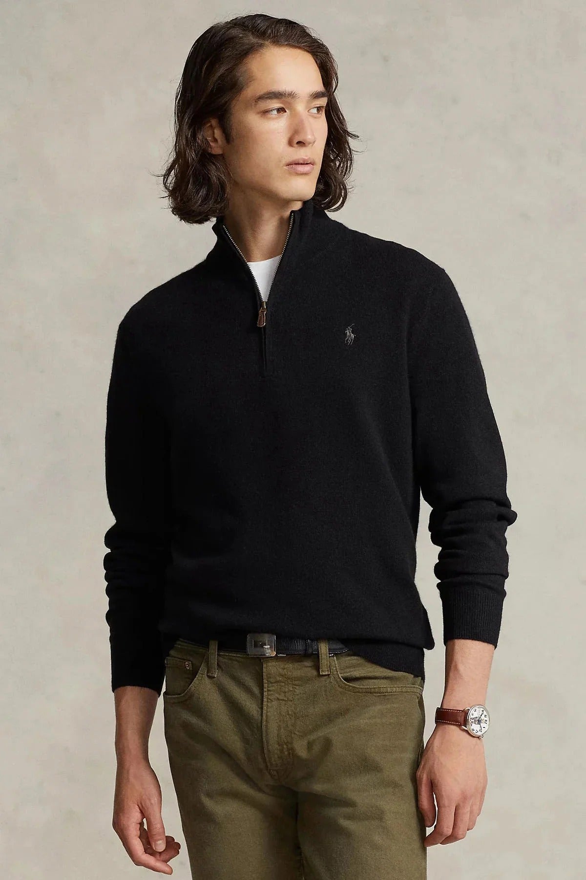 Dik Yaka Yarım Fermuarlı Örgü Yün Triko Kazak