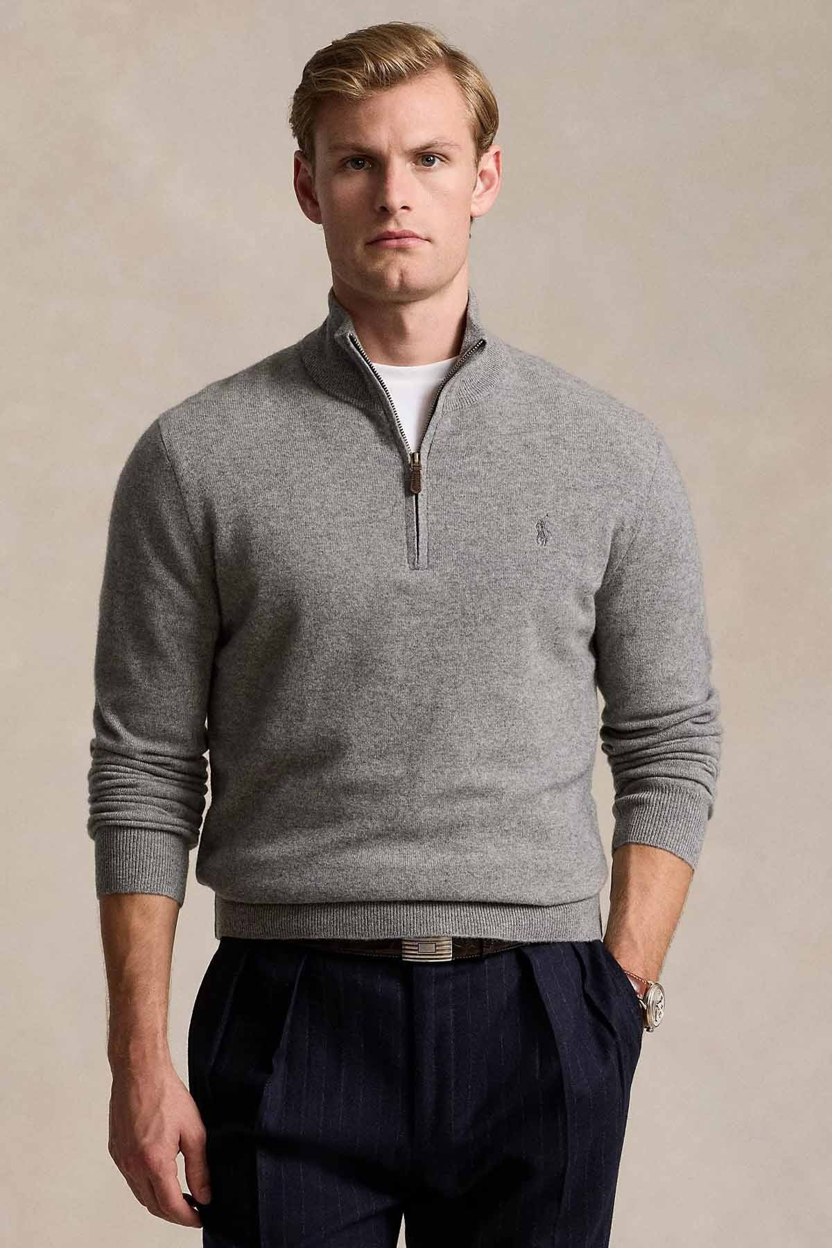 Dik Yaka Yarım Fermuarlı Örgü Yün Triko Kazak