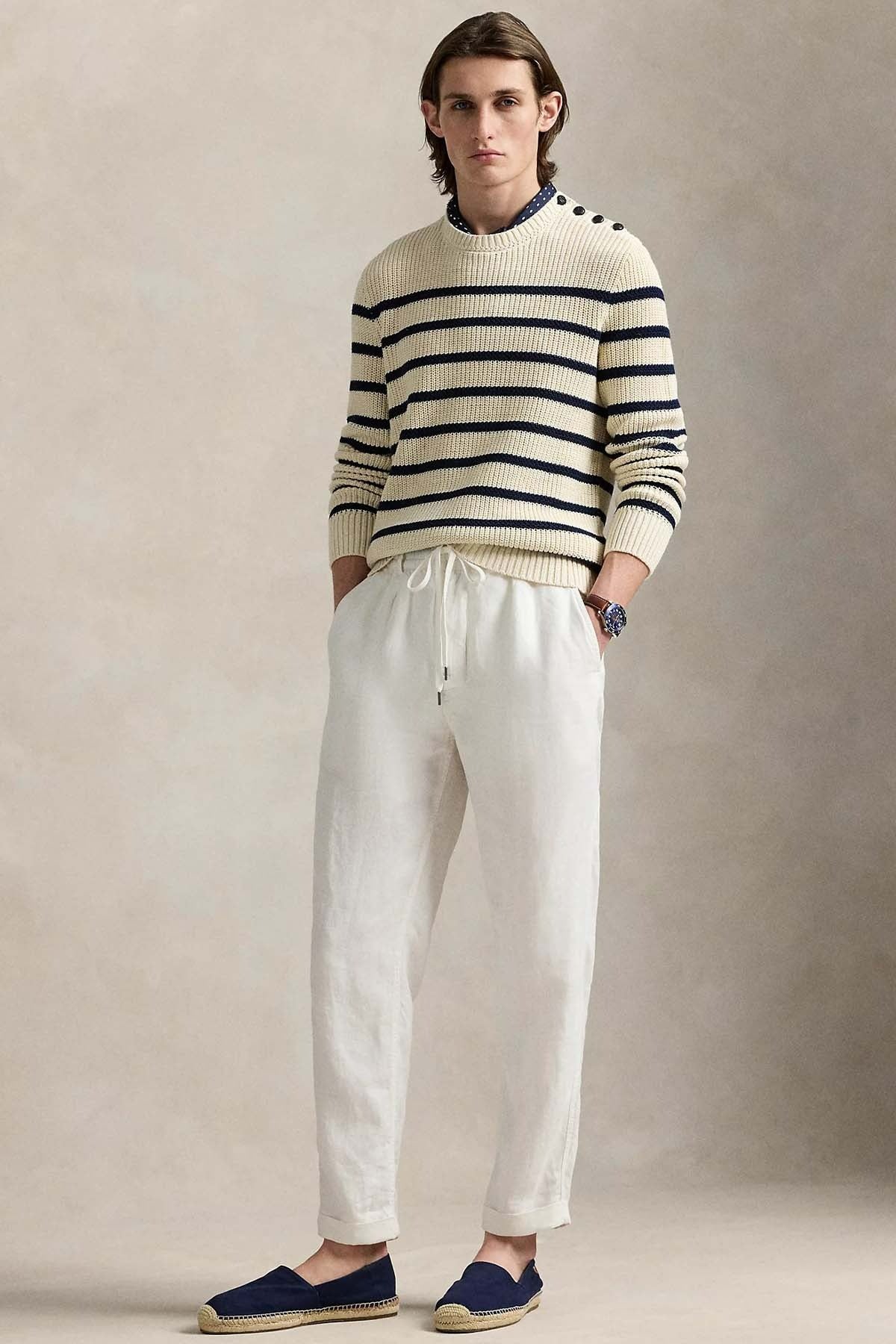 Relaxed Fit Çizgili Örgü Keten Triko Kazak