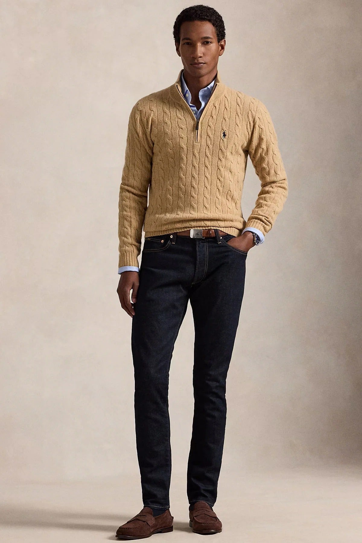 Yarım Fermuarlı Dik Yaka Saç Örgü Kaşmir Yün Triko Kazak