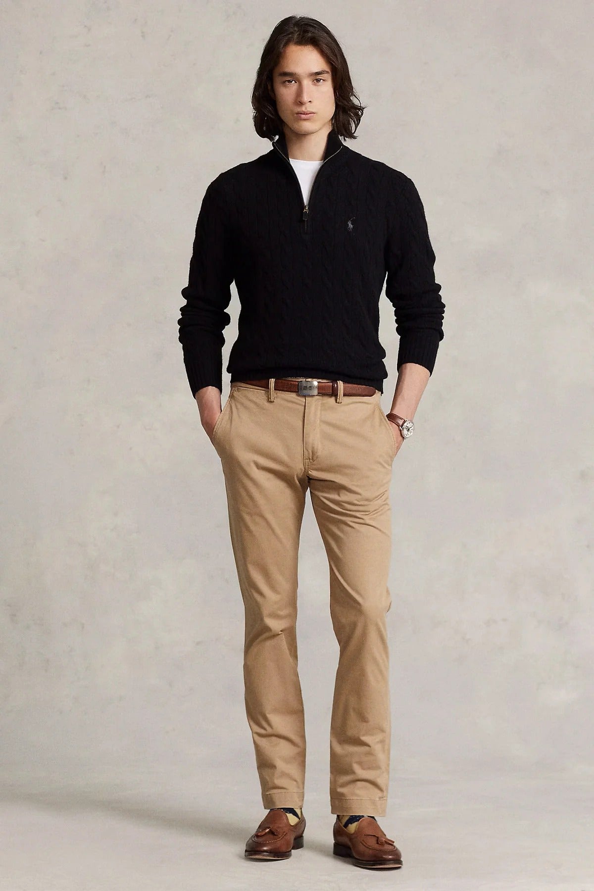 Yarım Fermuarlı Dik Yaka Saç Örgü Kaşmir Yün Triko Kazak