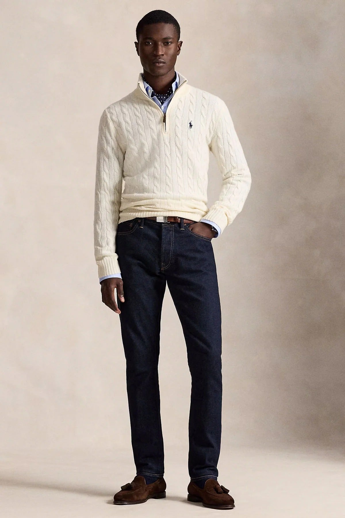 Yarım Fermuarlı Dik Yaka Saç Örgü Kaşmir Yün Triko Kazak