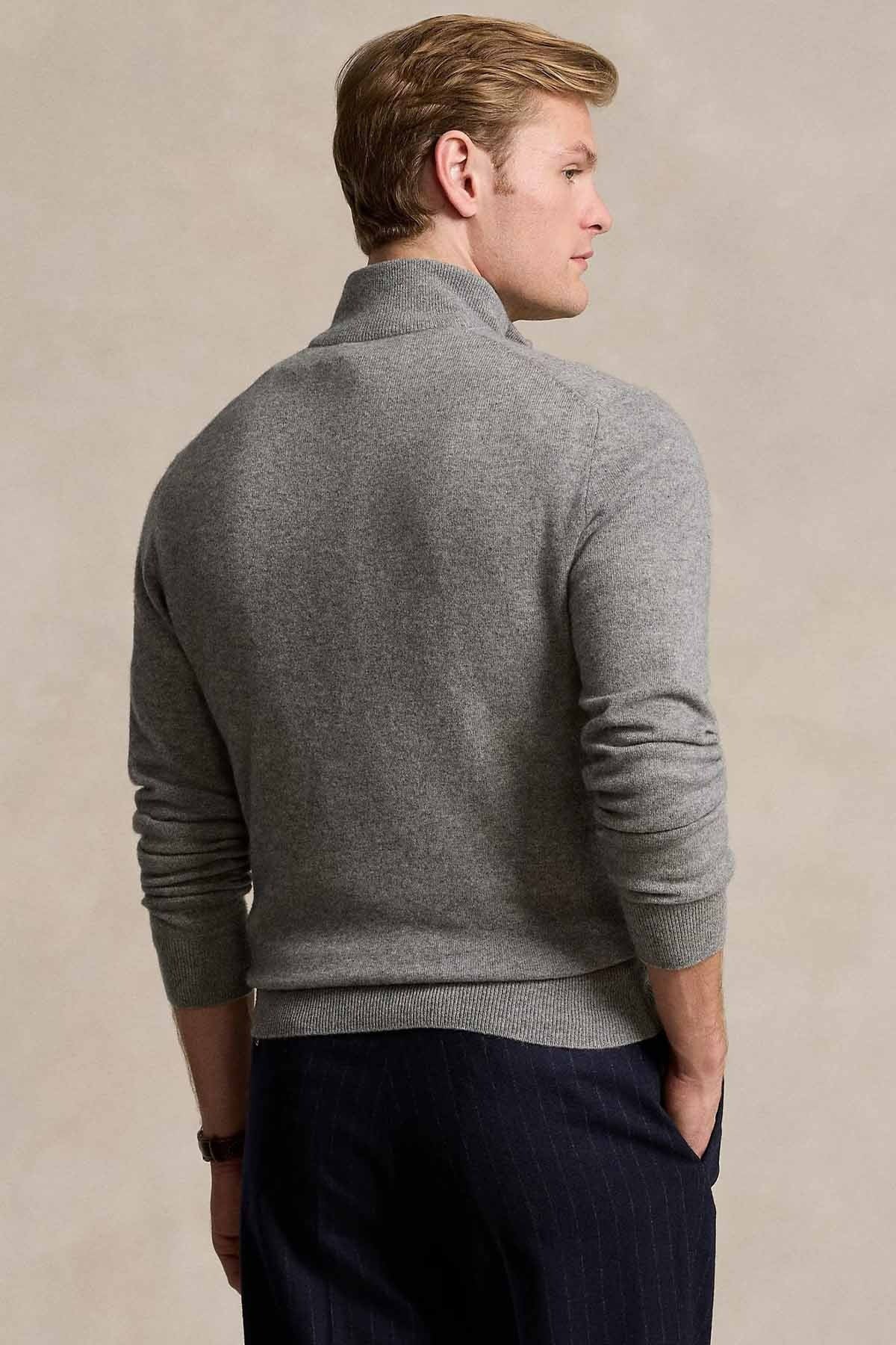 Dik Yaka Yarım Fermuarlı Örgü Yün Triko Kazak