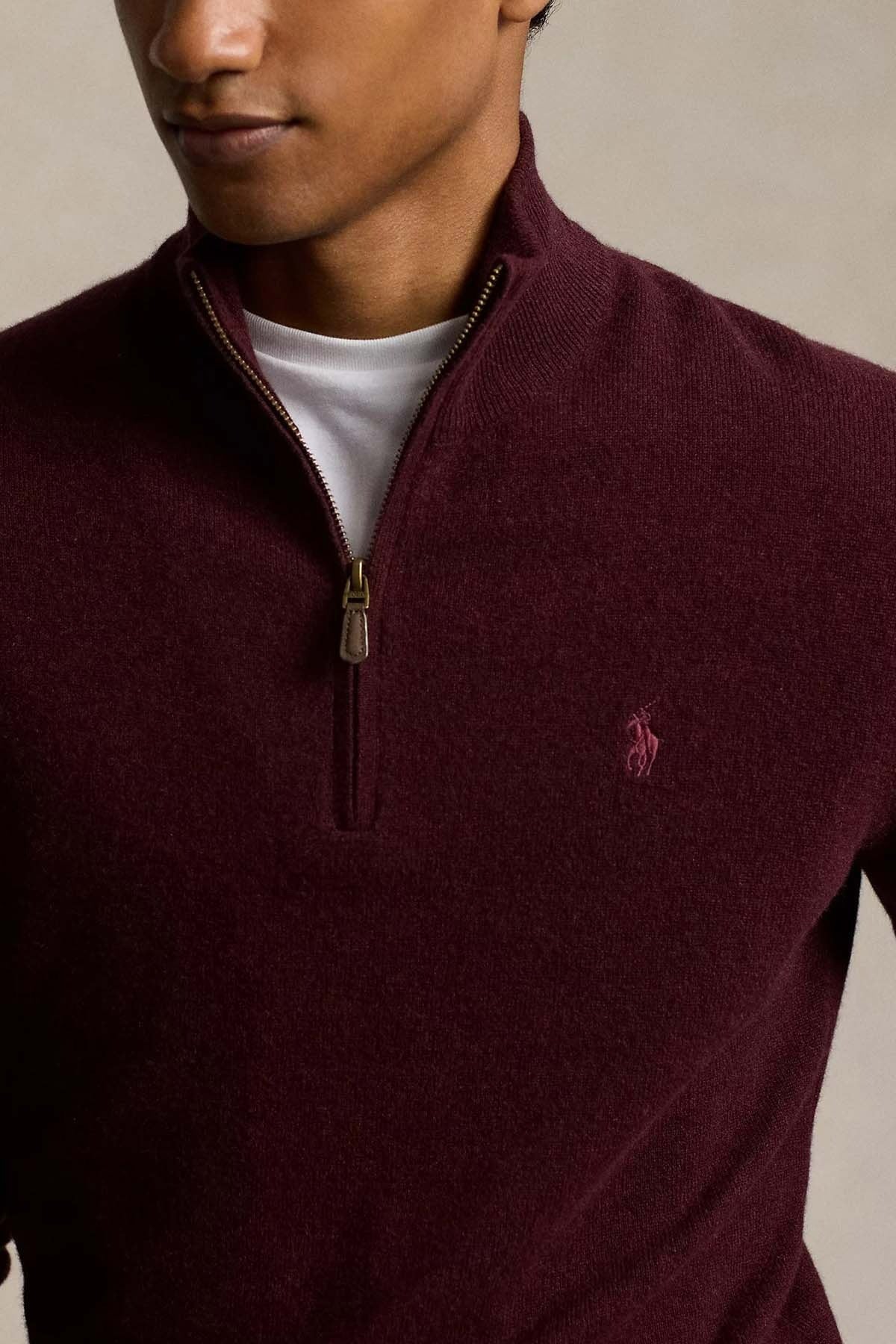 Dik Yaka Yarım Fermuarlı Örgü Yün Triko Kazak