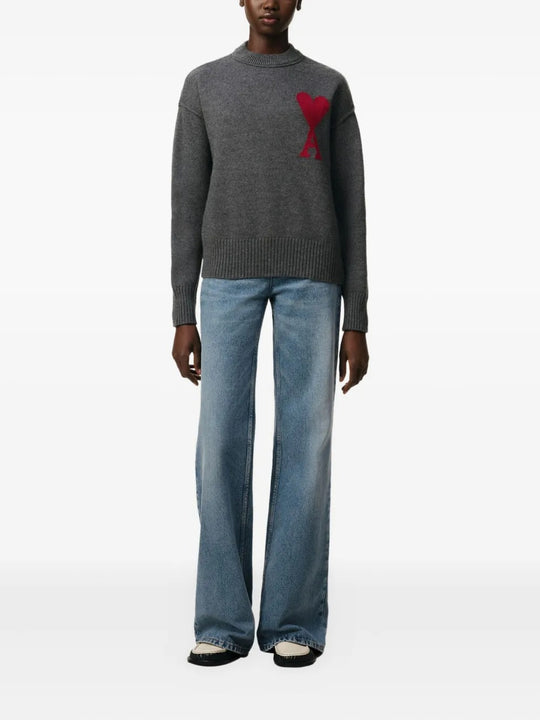 Antrasit Yuvarlak Yaka Yün Kazak (Kırmızı Detaylı)