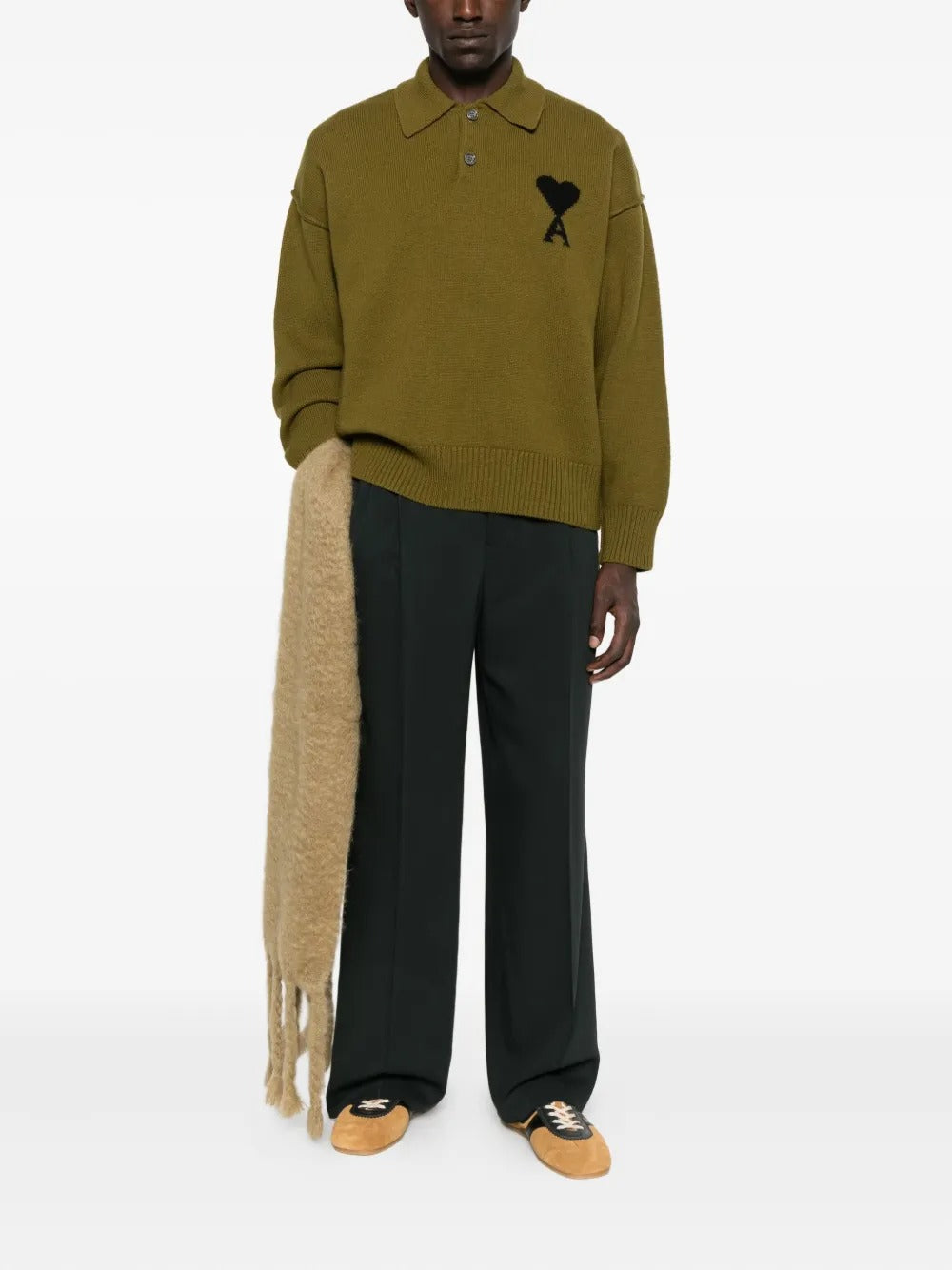 Zeytin Yeşili Polo Yaka Yün Kazak