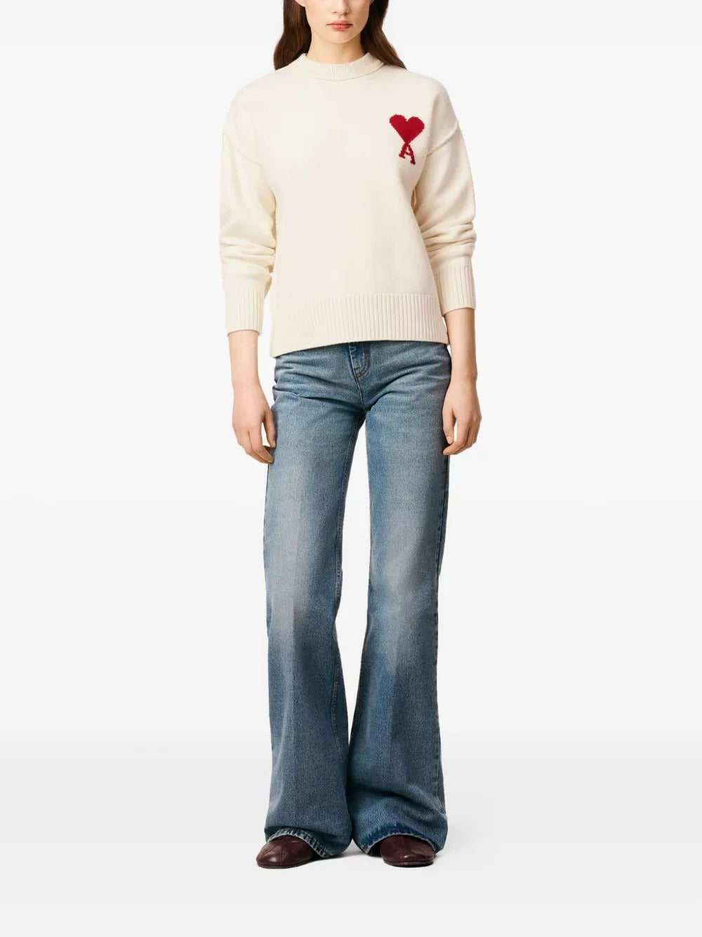 Krem Yuvarlak Yaka Yün Kazak (Kırmızı Detaylı)