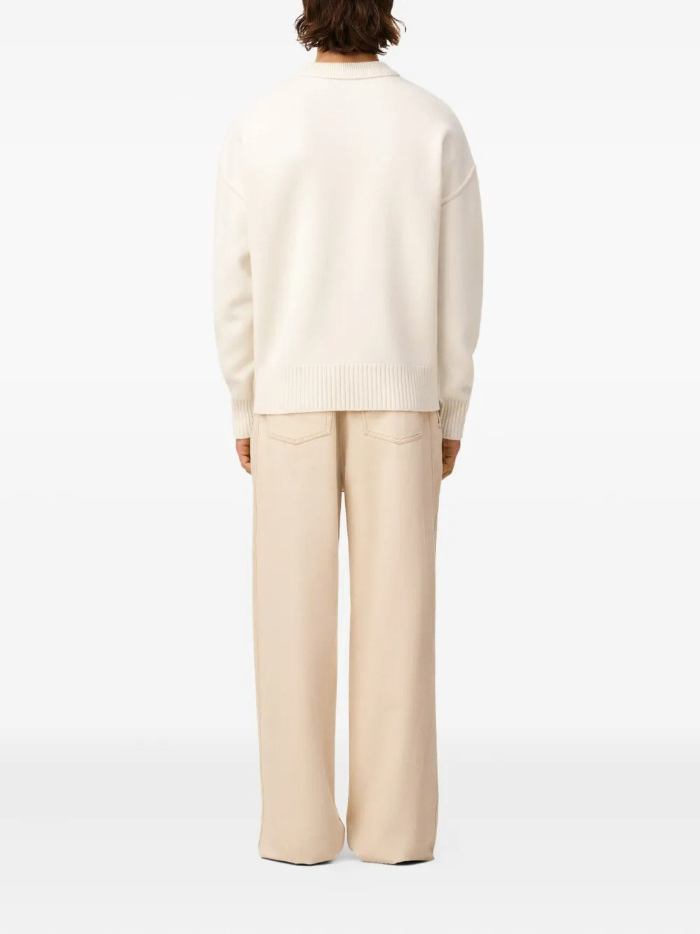 Krem Yuvarlak Yaka Yün Kazak (Kırmızı Detaylı)